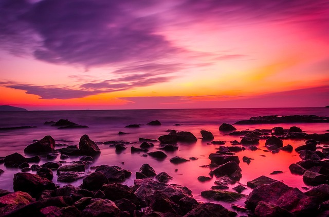 Rocky seacoast at sunset